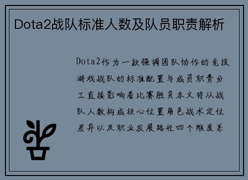 Dota2战队标准人数及队员职责解析