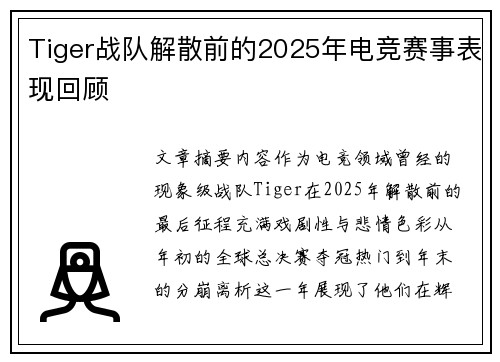 Tiger战队解散前的2025年电竞赛事表现回顾